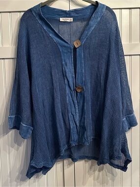 Jess & Jane Mineral Wash Denim Blue 100%Cotton Mesh Cardigan Size XL Made in USA